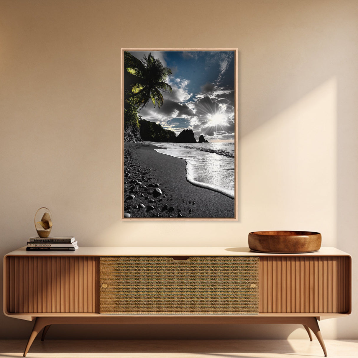 Sunset Beach, Rocky Coast, Dramatic Sky, Bold Light, Framed Canvas Print tropical sunset wall art, beach photography, bathroom decor