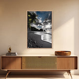 Sunset Beach, Rocky Coast, Dramatic Sky, Bold Light, Framed Canvas Print tropical sunset wall art, beach photography, bathroom decor