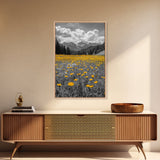 Yellow Wildflowers, Mountain Field, Blooming Meadow, Framed Canvas Print, Nature Photography, Rustic Decor, Dining Room Wall Art