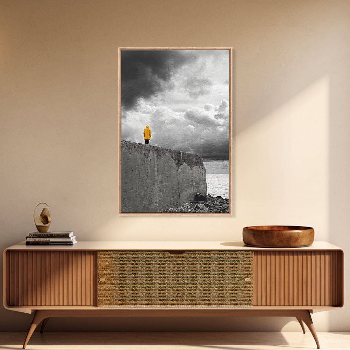Yellow Raincoat, Ocean Storm, Moody Skies, Framed Canvas Print, Minimalist Wall Art, Coastal Entryway Decor, Contemplative Scene