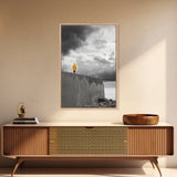 Yellow Raincoat, Ocean Storm, Moody Skies, Framed Canvas Print, Minimalist Wall Art, Coastal Entryway Decor, Contemplative Scene