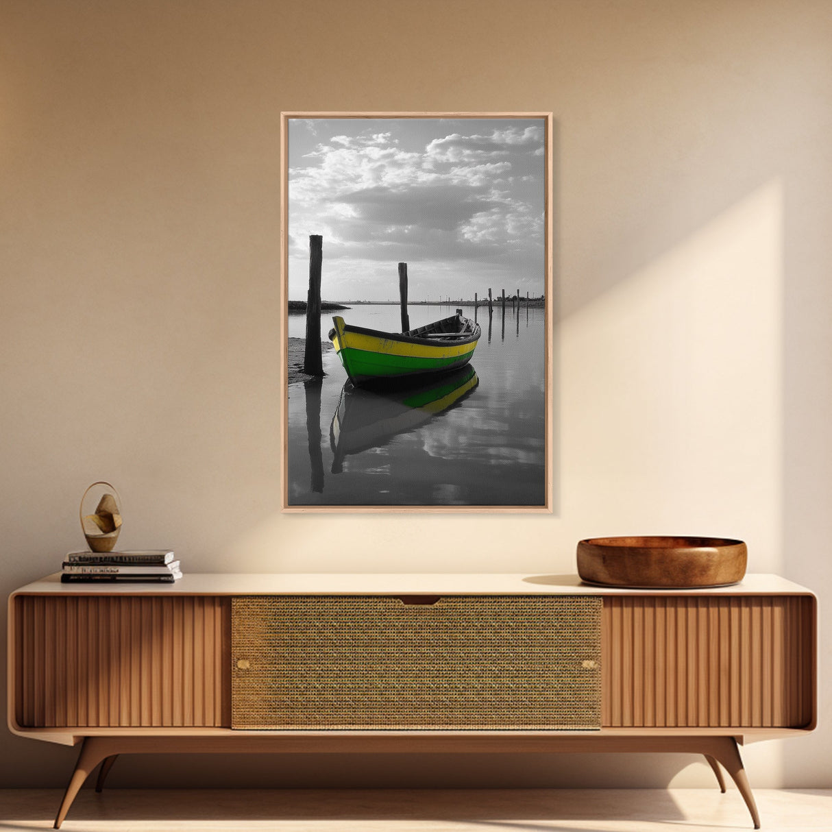 Green Yellow Boat, Serene Reflection, Dockside Calm, Framed Canvas Print, Coastal Bedroom Decor, Minimal Nautical Wall Art