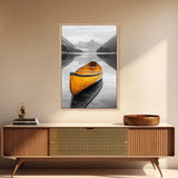 Yellow Canoe Lake, Misty Mountain Art, Canvas Print, Adventure Decor, Cabin Living Wall Art, Rustic Landscape Photo