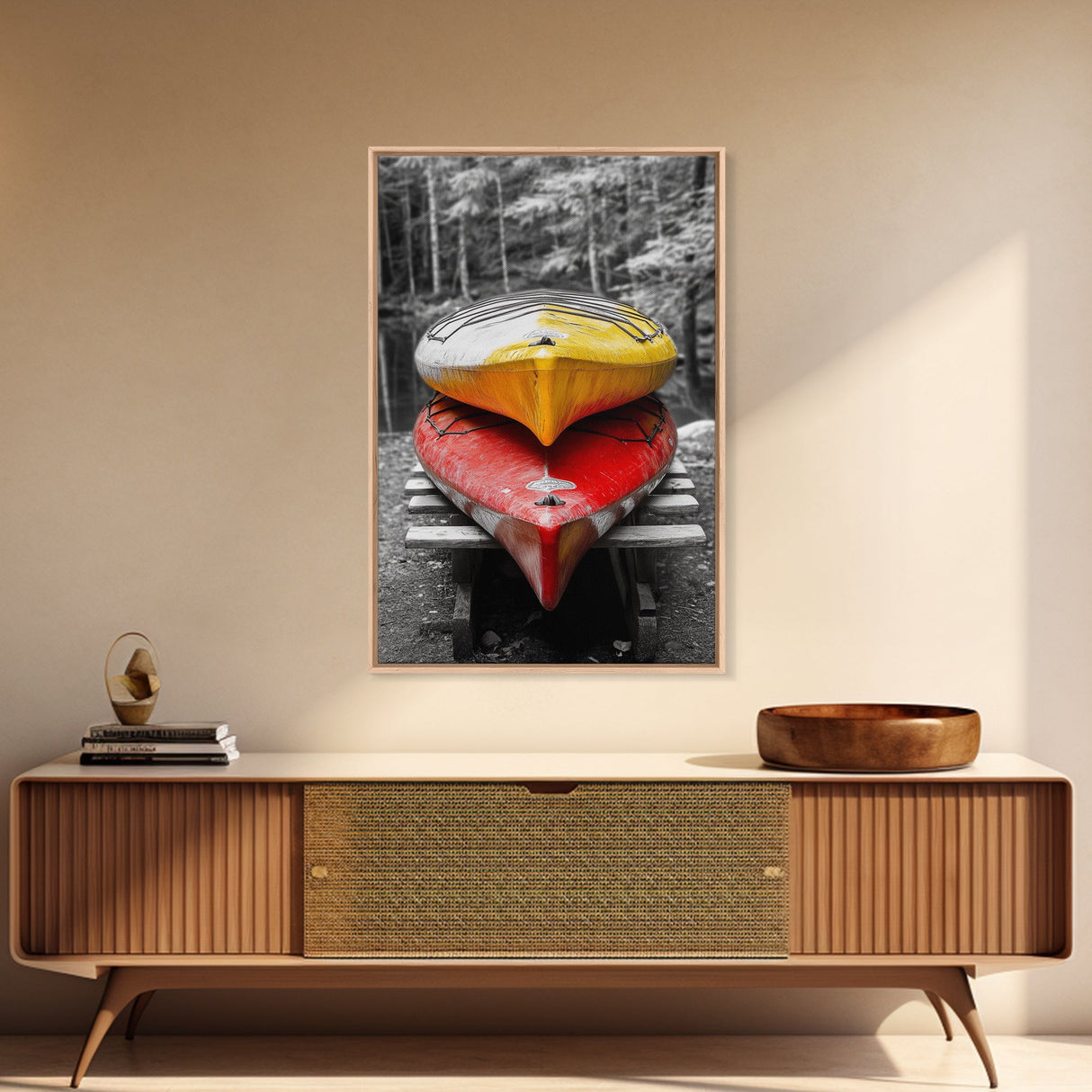 Stacked Kayaks, Red and Yellow, Forest Wall Art, Canvas Print, Adventure Photography, Outdoor Cabin Decor, Fall Travel Vibes