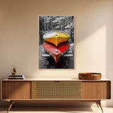 Stacked Kayaks, Red and Yellow, Forest Wall Art, Canvas Print, Adventure Photography, Outdoor Cabin Decor, Fall Travel Vibes