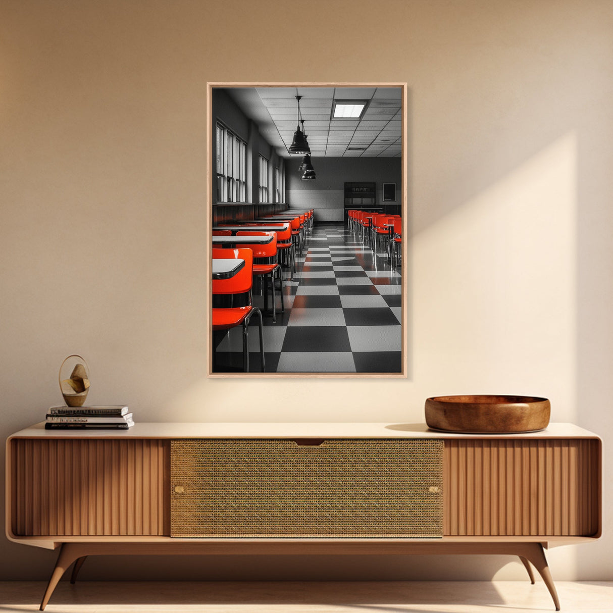 Retro Cafeteria, Red Chairs, Midcentury Modern Art, Canvas Print, Black and White Pop Art, Kitchen Wall Decor, Industrial Style