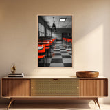 Retro Cafeteria, Red Chairs, Midcentury Modern Art, Canvas Print, Black and White Pop Art, Kitchen Wall Decor, Industrial Style
