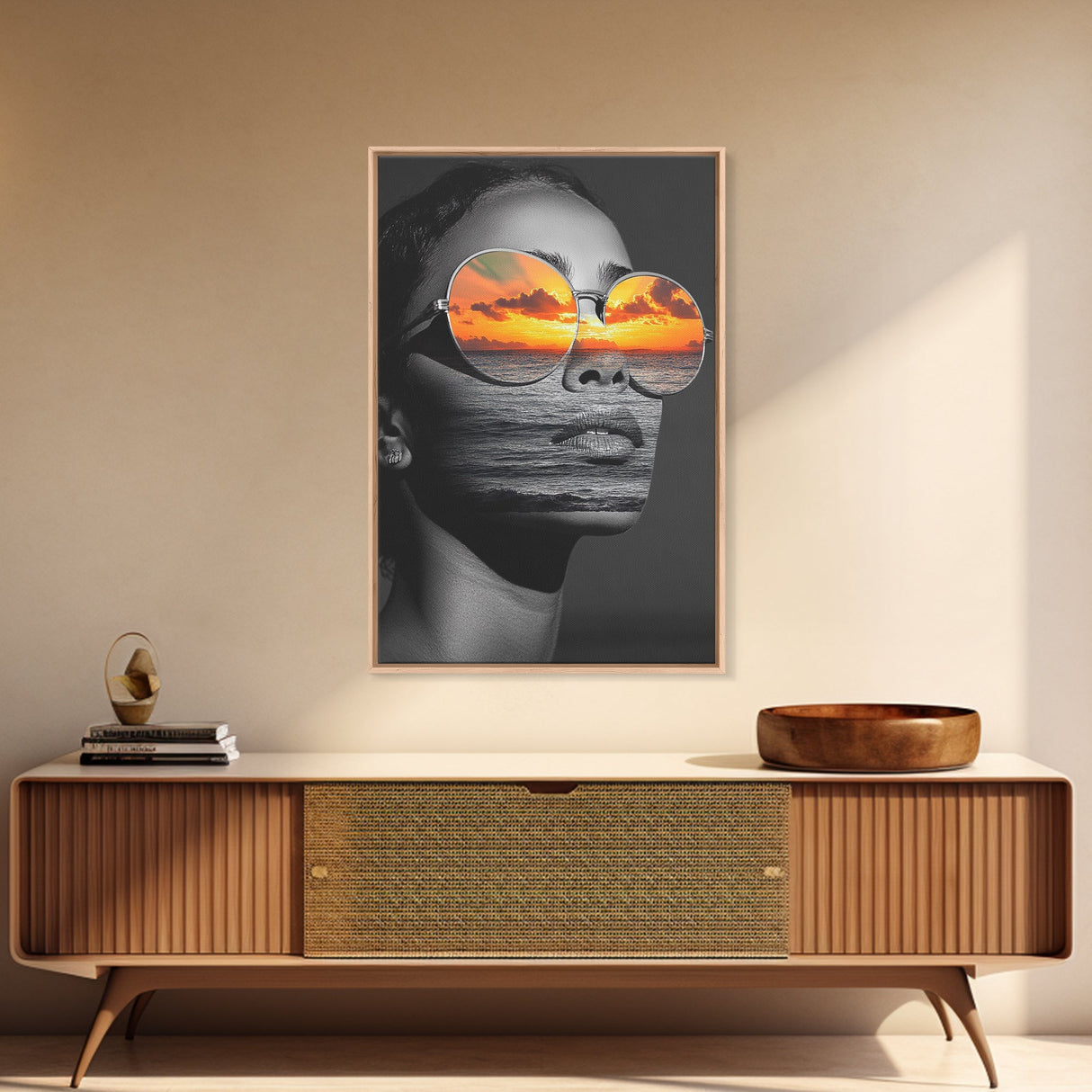 Surreal Sunset Face, Ocean Reflection, Fashion Photography, Abstract Beauty, Framed Canvas Print, Bedroom Wall Art, Modern Pop Art