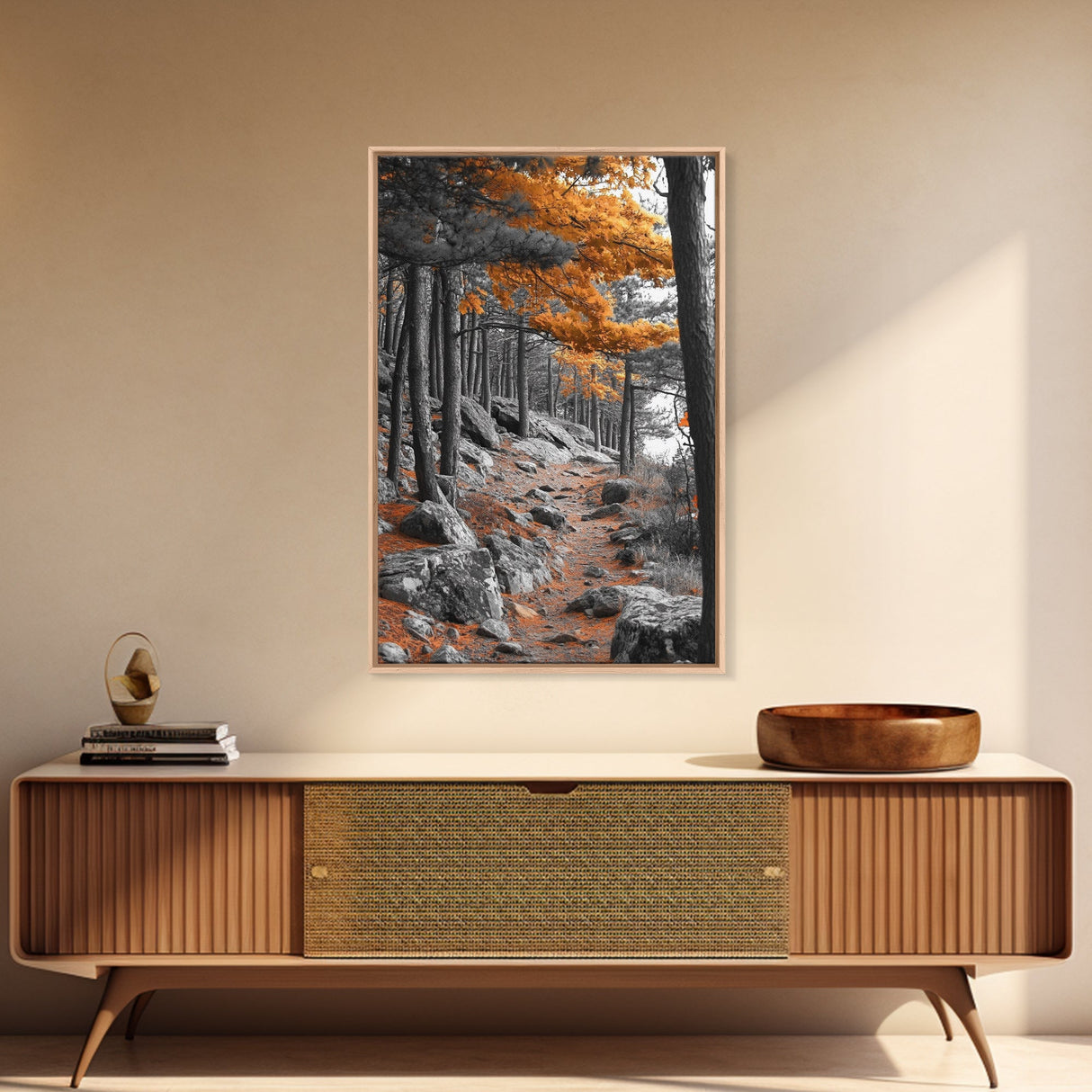 Autumn Forest Path, Orange Leaves, Rocky Woods Trail, Tranquil Nature, Framed Canvas Print, Fall Decor, Cabin Wall Art, Rustic Style