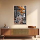Autumn Forest Path, Orange Leaves, Rocky Woods Trail, Tranquil Nature, Framed Canvas Print, Fall Decor, Cabin Wall Art, Rustic Style