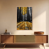 Golden Forest Light, Fall Leaves, Tall Trees Shadows, Tranquil Scene, Framed Canvas Print, Autumn Wall Art, Boho Living Room Decor
