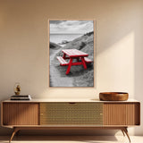 Red Picnic Bench, Ocean View Path, Seaside Escape, Vibrant Accent, Framed Canvas Print, Beach House Wall Art, Modern Coastal Decor