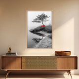 Red Bench, Misty Shore, Solitude Scene, Moody Fog Art, Framed Canvas Print, Minimalist Wall Art, Meditative Decor, Entryway Accent