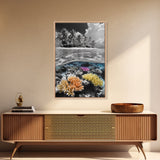 Island View, Coral Reef, Overwater Split Scene, Framed Canvas Print, Coastal Wall Art, Beach House Decor, Ocean Landscape Art