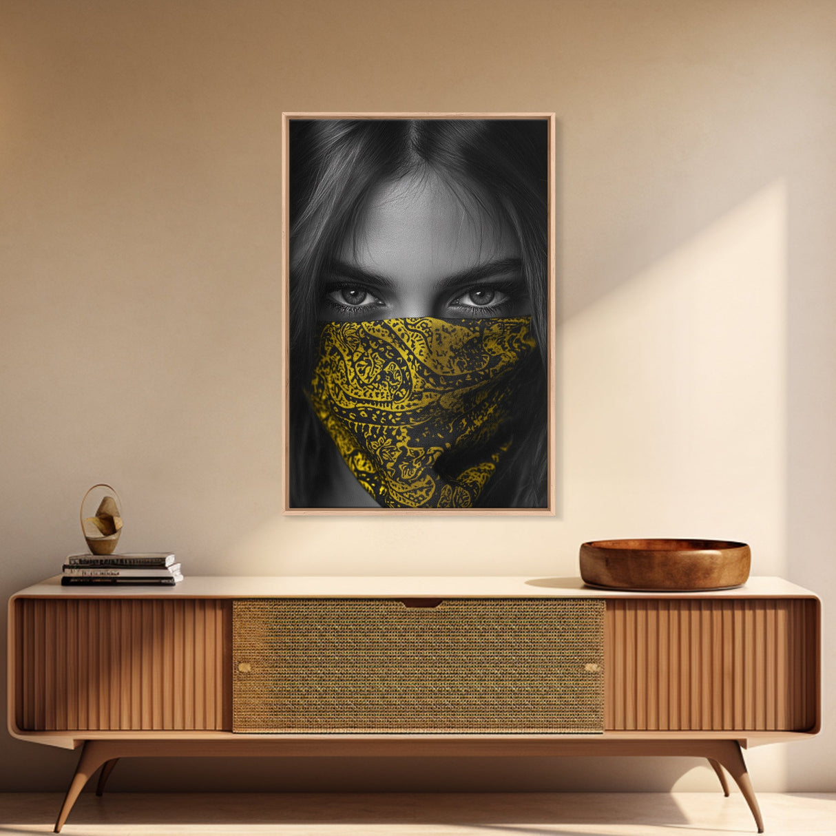 Yellow Bandana Girl, Intense Eyes, Street Portrait, Framed Canvas Print, Modern Photography, Teen Bedroom Wall Art, Bold Style