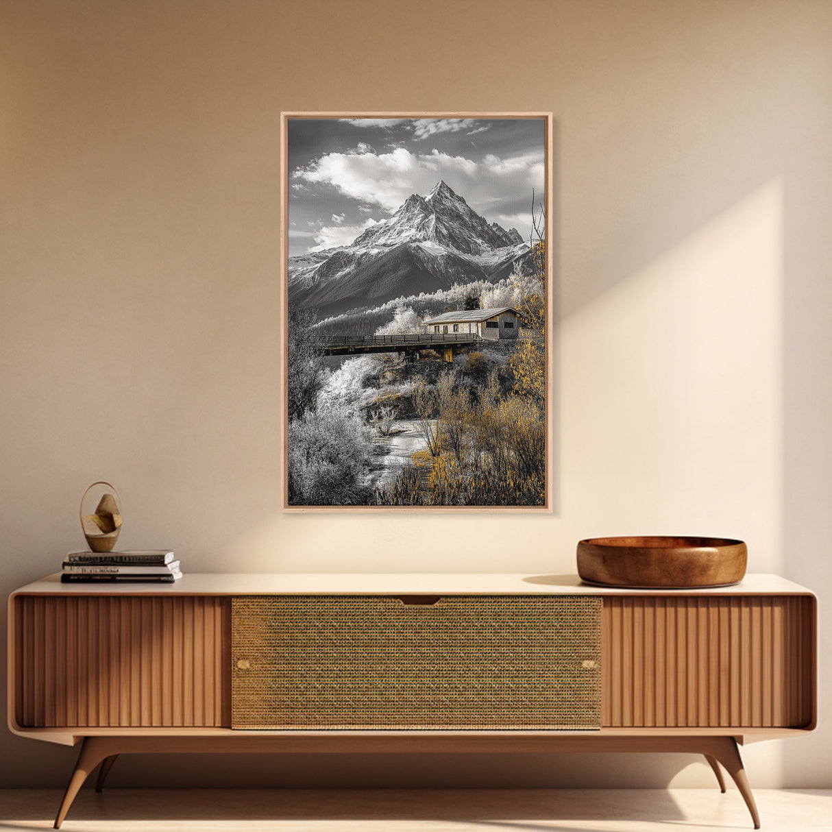 Mountain Escape, Cabin Retreat, Black White Landscape, Framed Canvas Print, Rustic Cabin Art, Bedroom Wall Decor, Nature Lodge Decor