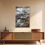 Mountain Escape, Cabin Retreat, Black White Landscape, Framed Canvas Print, Rustic Cabin Art, Bedroom Wall Decor, Nature Lodge Decor