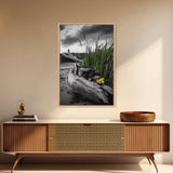 Wild Bloom, Yellow Flower, Driftwood and Grass, Moody Beach Scene, Framed Canvas Print, Autumn Wall Art, Nature Decor, Cozy Home Accent