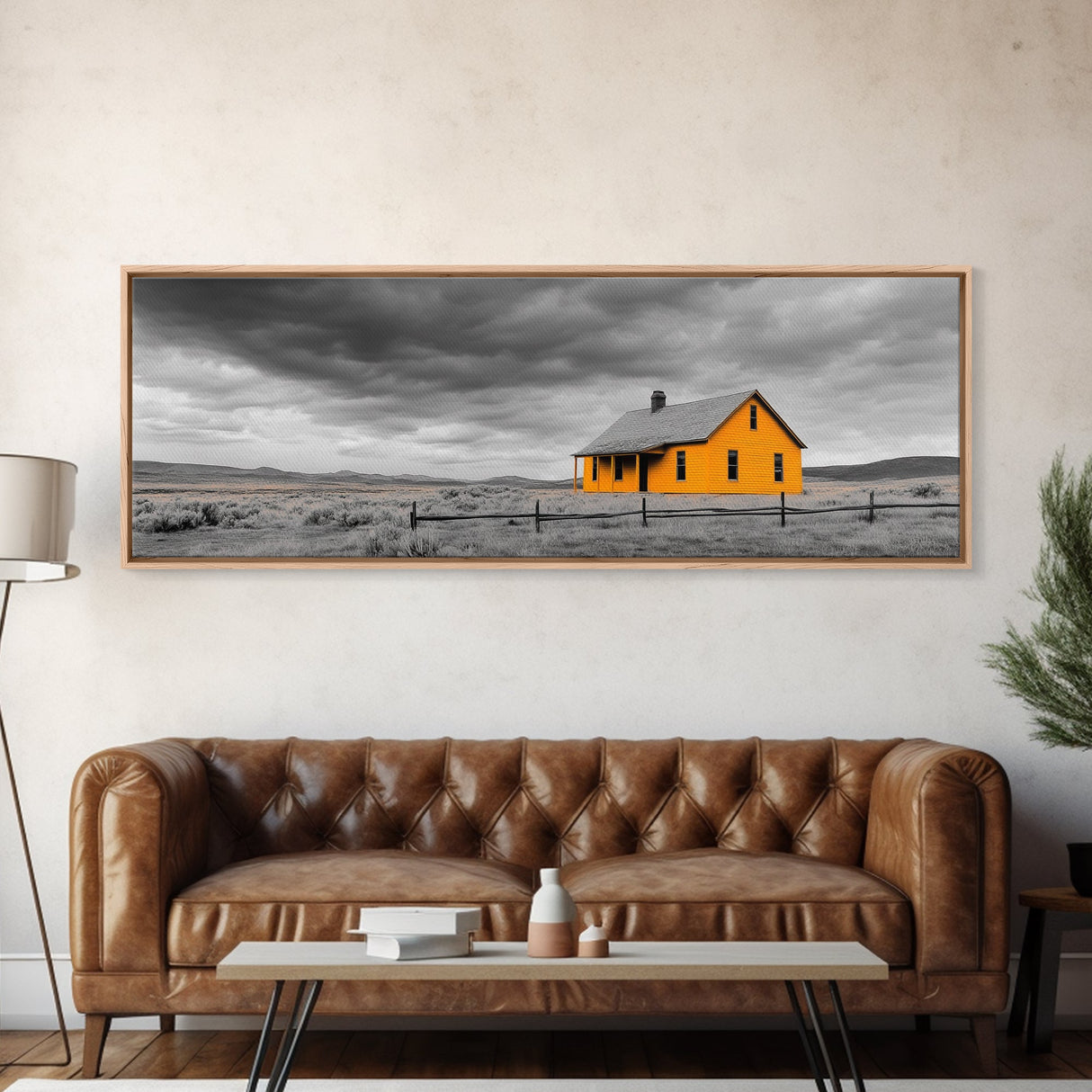 Yellow House, Stormy Sky, Minimalist Landscape, Rural Farmhouse, Framed Canvas Print, Rustic Wall Decor, Living Room Wall Art