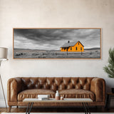 Yellow House, Stormy Sky, Minimalist Landscape, Rural Farmhouse, Framed Canvas Print, Rustic Wall Decor, Living Room Wall Art