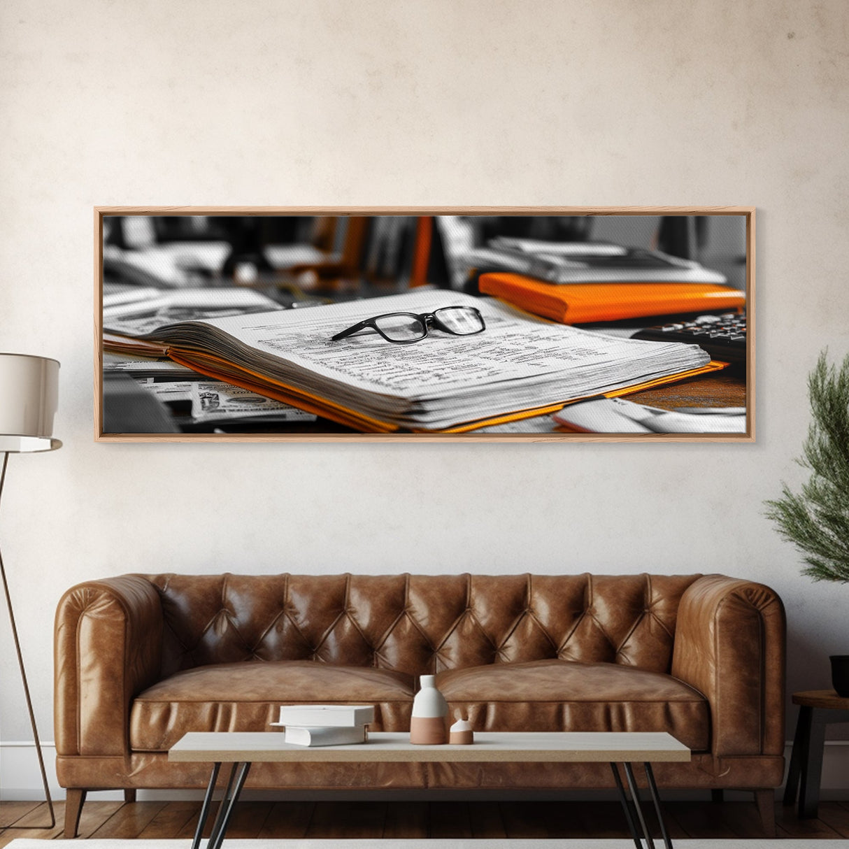 Open Book, Glasses, Orange Folders, Writer Desk, Framed Canvas Print, Study Room Wall Art, Vintage Academic Aesthetic