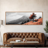 Scenic Bench, Autumn Hills, Serene Vista, Orange Tree — Framed Canvas Print, Minimalist Landscape Art, Fall Home Decor, Bedroom Wall Art