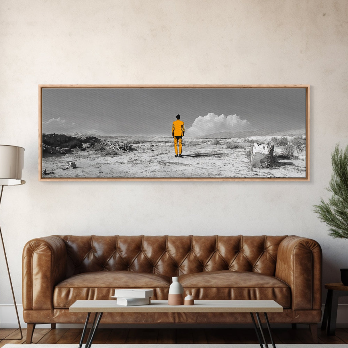 Yellow Suit, Surreal Desert, Lone Wanderer, Conceptual Art — Framed Canvas Print, Modern Art, Office Decor, Minimalist Statement Piece