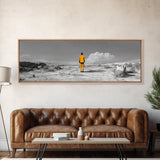 Yellow Suit, Surreal Desert, Lone Wanderer, Conceptual Art — Framed Canvas Print, Modern Art, Office Decor, Minimalist Statement Piece