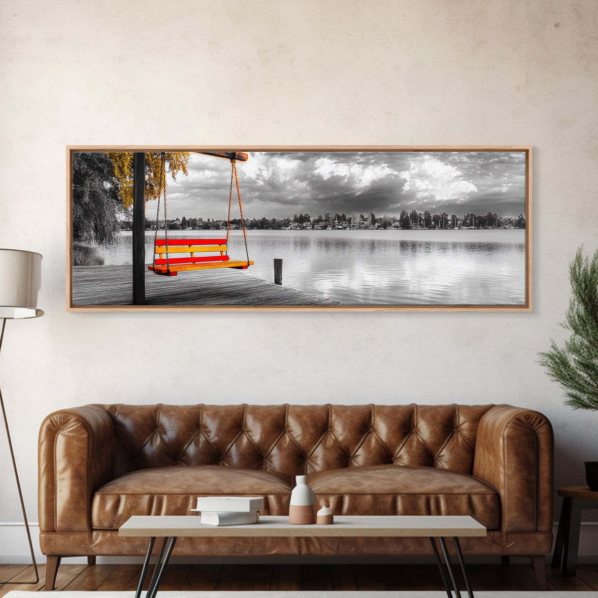 Lake Swing, Autumn Tree, Lakeside Serenity, Color Pop — Framed Canvas Print, Cozy Home Decor, Fall Living Room Art, Whimsical Wall Print