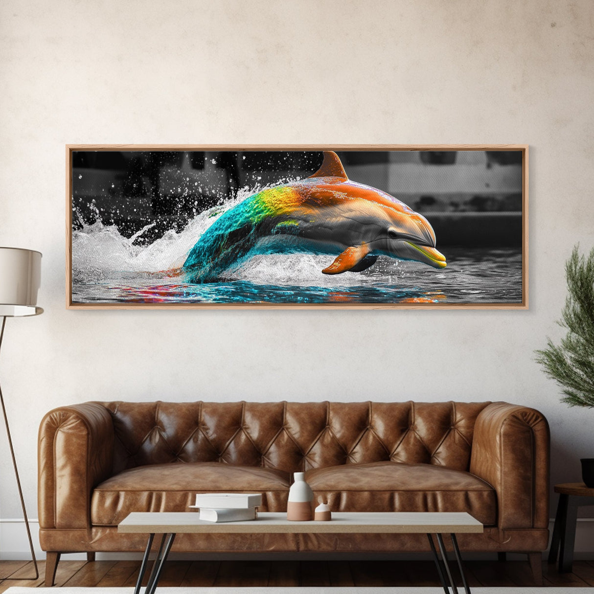 Color Splash Dolphin, Ocean Leap, Vibrant Marine, Joyful Moment — Canvas Print, Bathroom Decor, Beach House Wall Art, Pop Art Style