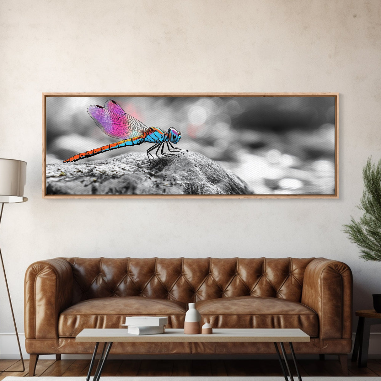 Neon Dragonfly, Nature Insect, Color Burst, Macro Beauty — Framed Canvas Print, Modern Boho Art, Bedroom Wall Art, Nature Photography