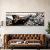 Driftwood Coast, Ocean Roots, Washed Ashore, Beach Texture — Canvas Print, Coastal Decor, Bathroom Wall Art, Monochrome Nature Photography