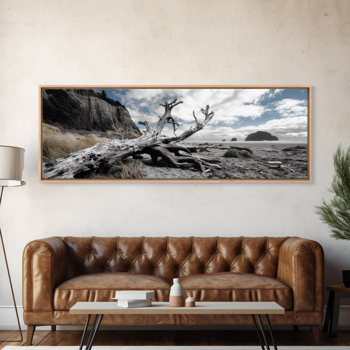 Driftwood, Coastal Tree, Beach Skeleton, Ocean Landscape, Framed Canvas Print, Coastal Decor, Neutral Tones, Office Wall Art