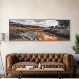 Autumn Stream, Golden Creek, Rustic Nature, Fall Landscape, Framed Canvas Print, Farmhouse Decor, Living Room Wall Art, Earth Tones
