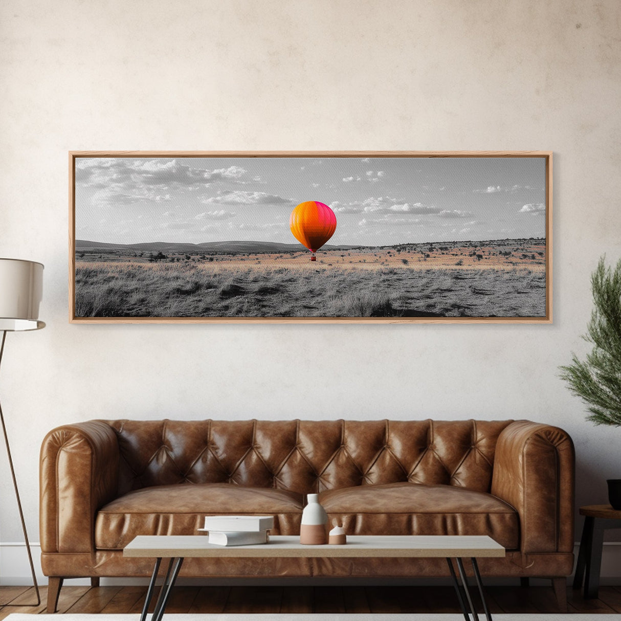Hot Air Balloon, Colorful Sky, Open Field, Adventure Art, Framed Canvas Print, Whimsical Decor, Playroom Wall Art, Travel Theme