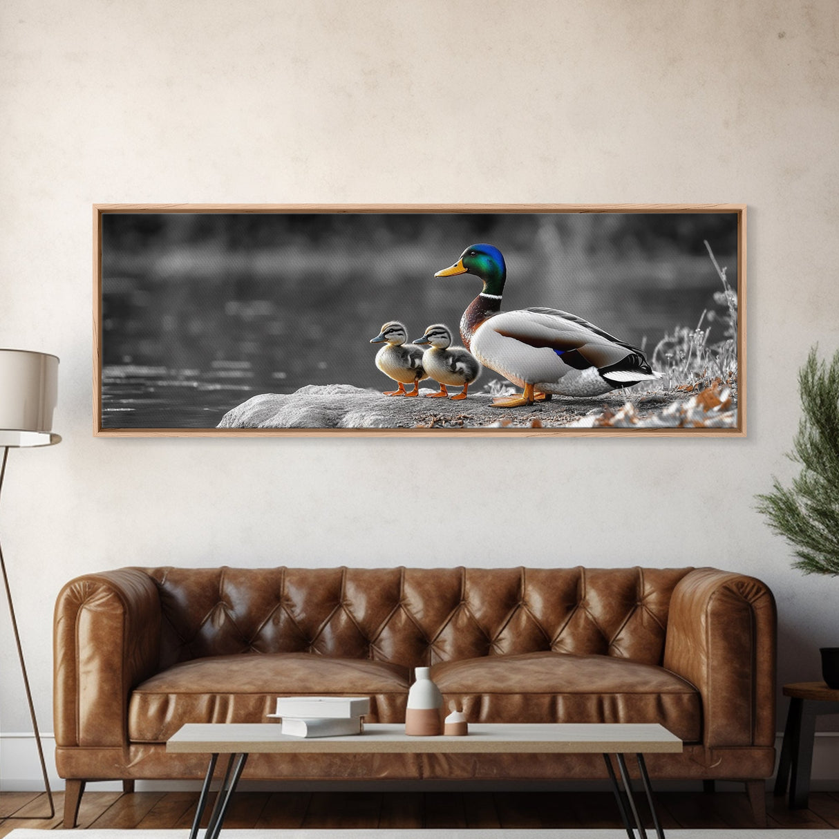 Duck Family, Nature Scene, Wildlife Birds, Lake Reflections, Framed Canvas Print, Nursery Decor, Cozy Art, Nature Lover Gift