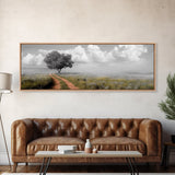Lone Tree, Meadow Path, Dreamy Field, Cloudy Sky, Framed Canvas Print, Calm Decor, Entryway Wall Art, Soft Focus Nature