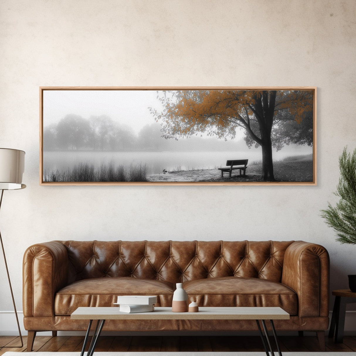 Foggy Lake, Autumn Tree, Peaceful Bench, Serene Nature, Framed Canvas Print, Fall Wall Decor, Zen Living Room Art, Bedroom Decor