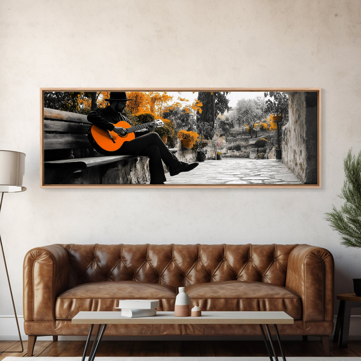Spanish Guitar, Rustic Music Scene, Autumn Colors, Framed Canvas Print, Fall Wall Art, Living Room Decor, Folk Art, Warm Rustic Charm