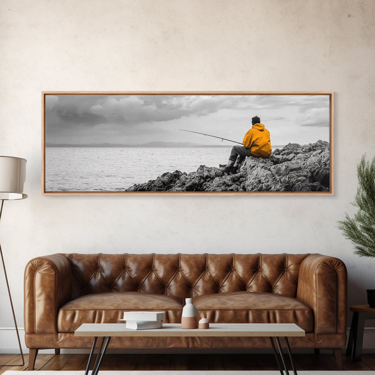 Peaceful Angler View, Yellow Hoodie Fisherman, Canvas Print, Minimalist Seaside Wall Art, Coastal Living Room Art, Fishing Lover Gift