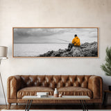 Peaceful Angler View, Yellow Hoodie Fisherman, Canvas Print, Minimalist Seaside Wall Art, Coastal Living Room Art, Fishing Lover Gift