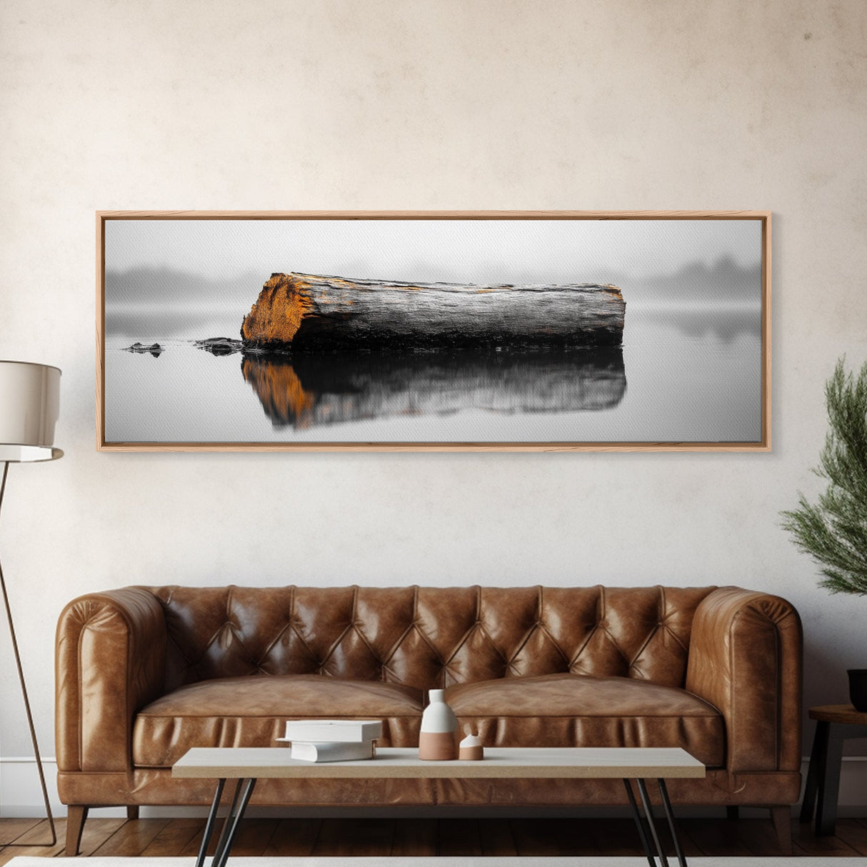 Weathered Log Reflection, Calm Lake Scene, Canvas Print, Minimalist Nature Photography, Zen Bathroom Wall Art, Serene Rustic Decor