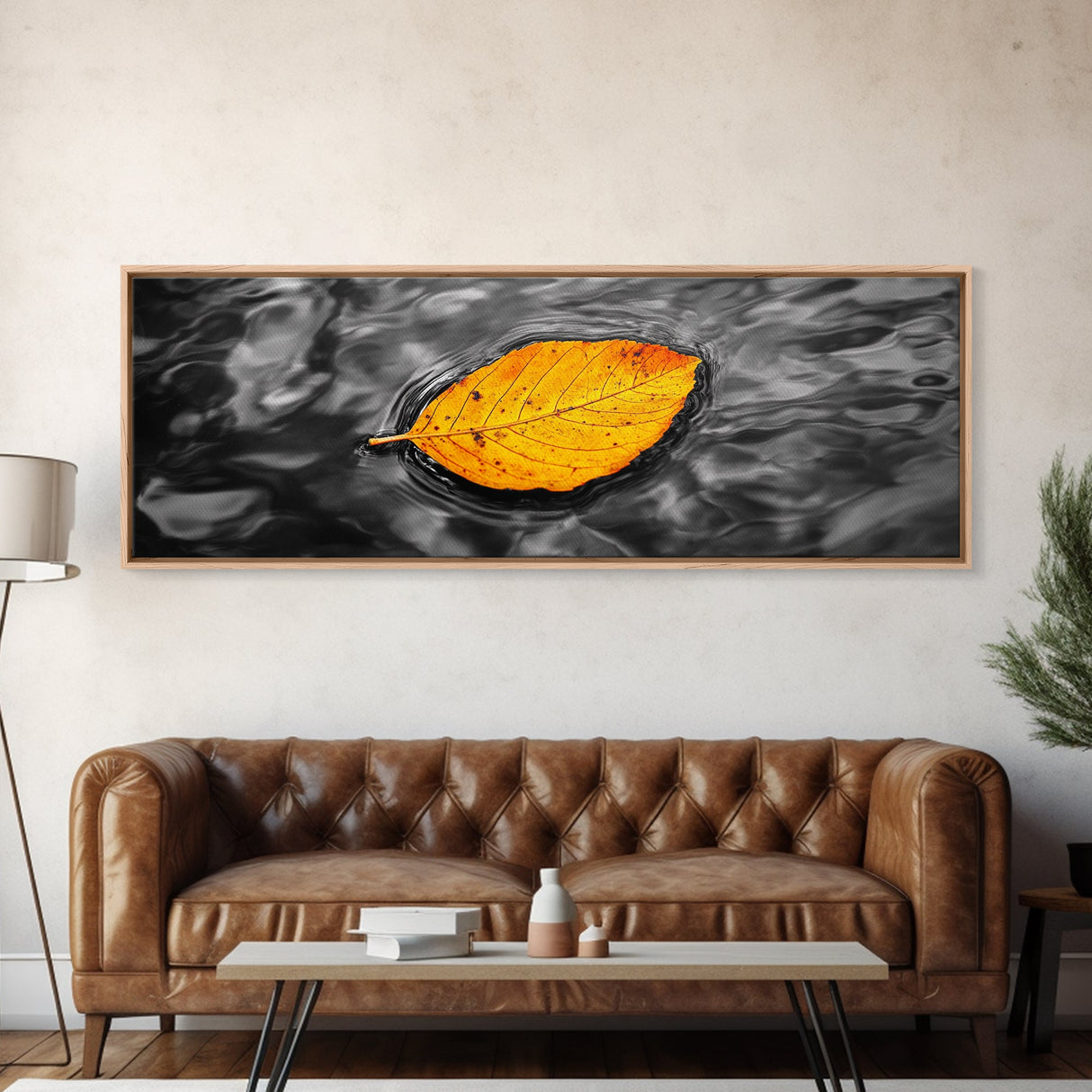 Floating Autumn Leaf, Orange Leaf on Water, Framed Canvas Print, Fall Bathroom Wall Art, Nature Closeup Photography, Minimalist Decor