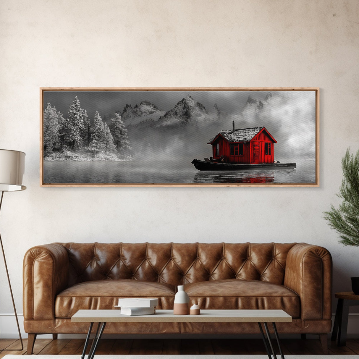 Red Cabin in Fog, Mountain Lake Boat House, Canvas Print, Winter Lodge Wall Art, Moody Nature Decor, Black and White Landscape Art