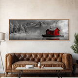 Red Cabin in Fog, Mountain Lake Boat House, Canvas Print, Winter Lodge Wall Art, Moody Nature Decor, Black and White Landscape Art