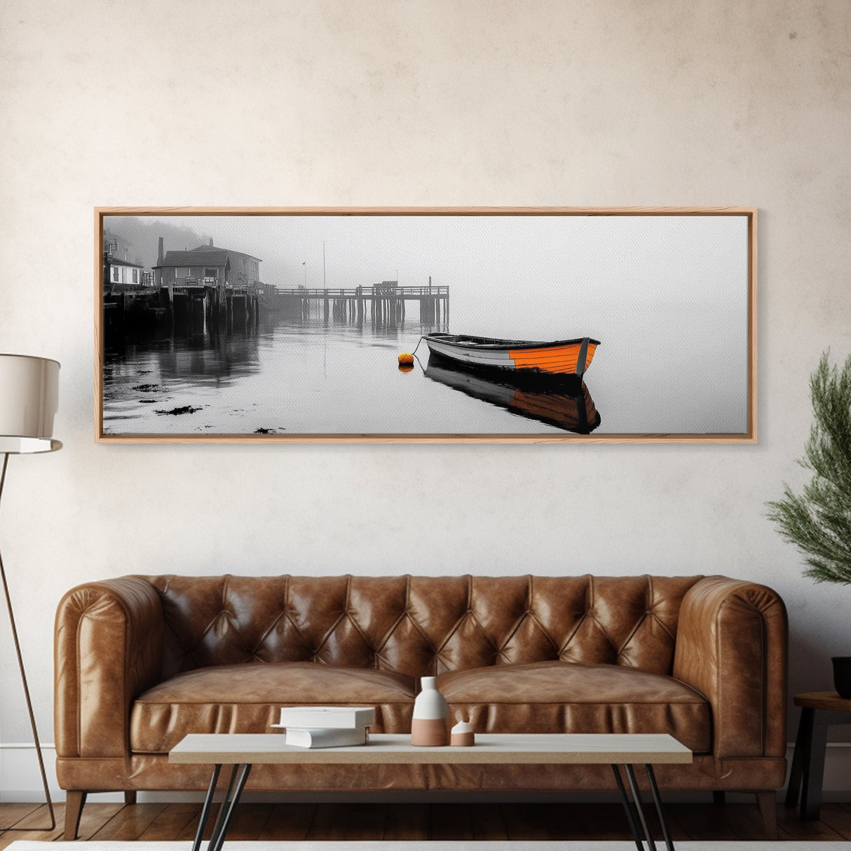 Harbor Rowboat Reflection, Foggy Dock Scene, Framed Canvas Print, Coastal Minimalist Wall Art, Seaside Entryway Decor, Moody Ocean Art