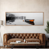 Harbor Rowboat Reflection, Foggy Dock Scene, Framed Canvas Print, Coastal Minimalist Wall Art, Seaside Entryway Decor, Moody Ocean Art