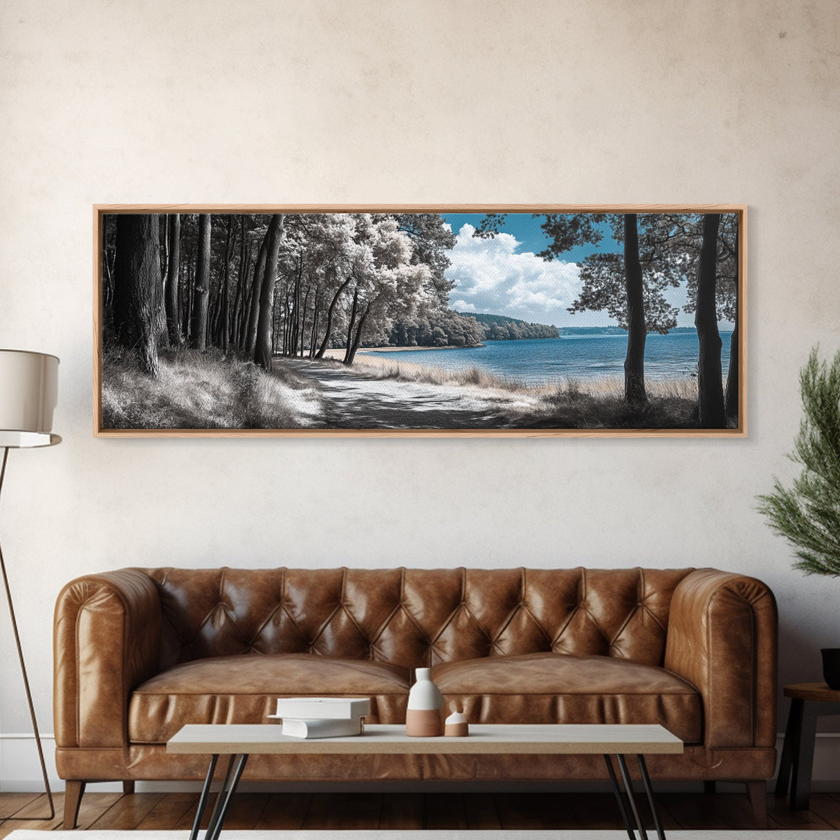 Coastal Forest Path, Lakeside Nature Trail, Tranquil Blue Water, Canvas Print, Minimalist Landscape, Bedroom Wall Art