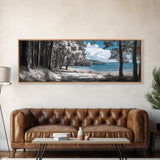 Coastal Forest Path, Lakeside Nature Trail, Tranquil Blue Water, Canvas Print, Minimalist Landscape, Bedroom Wall Art