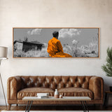 Solitude in Nature, Orange Robe Figure, Mindful Meditation Scene, Canvas Print, Boho Landscape, Zen Room Wall Art, Office Wall Decor